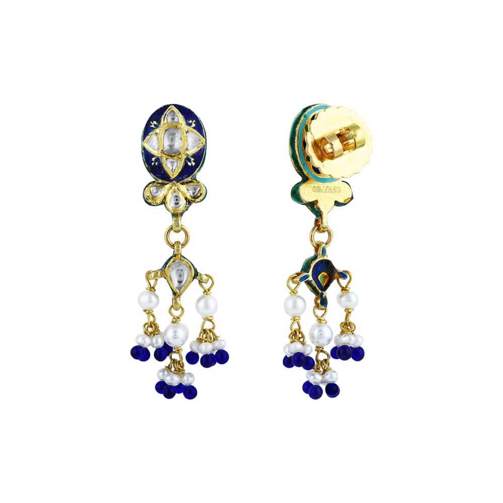 Polki Earrings with Blue Enamel, Pearl, and Blue Bead Drops